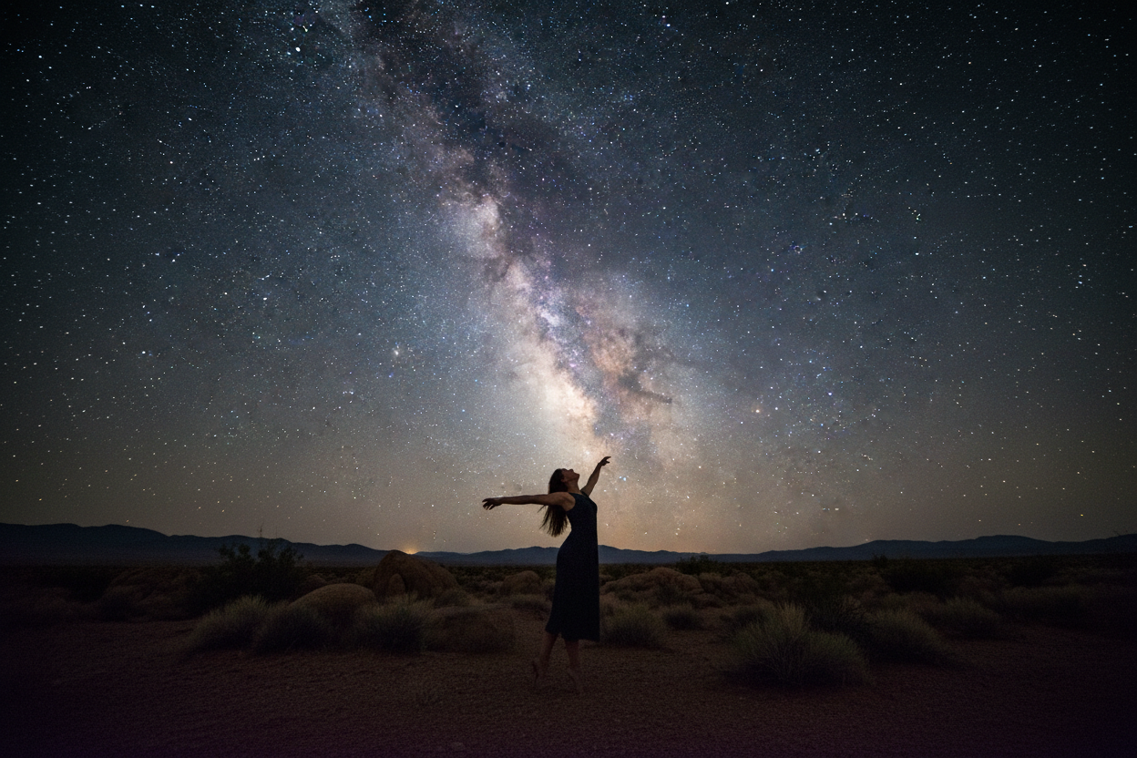 a young woman dances under the glow of the Milky Way in bortel 1 skies Nevada 